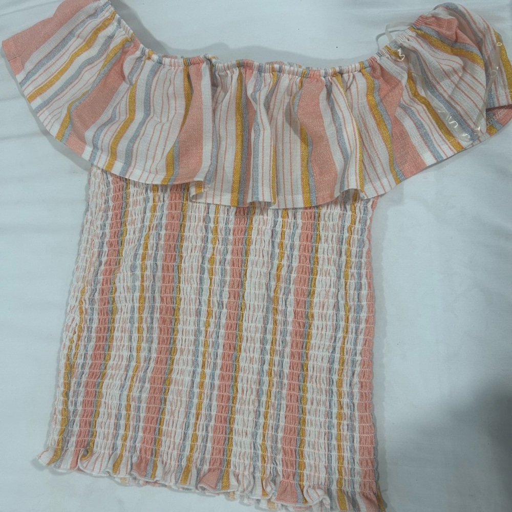Striped Off-Shoulder Smocked Crop Top - Peach/White/Mustard